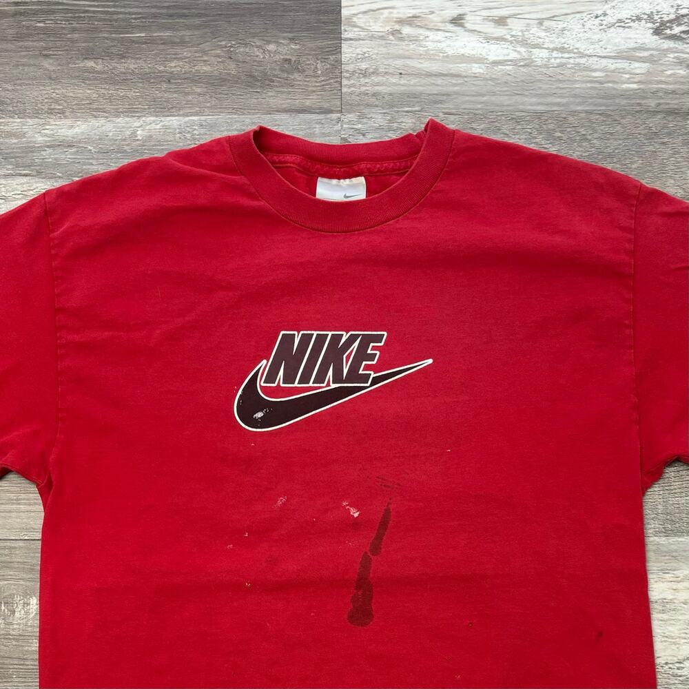Vintage Nike Red Mens L Short Sleeve Spellout Swoosh Center Logo‎ Sporty T-Shirt